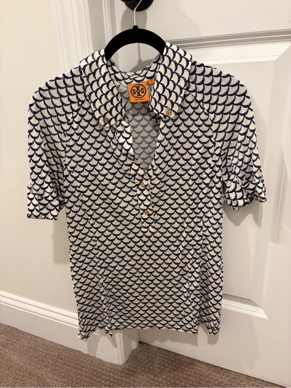 Tory Burch Women’s White & Navy Patterned Nylon Polo Shirt with Cuffed Sleeves